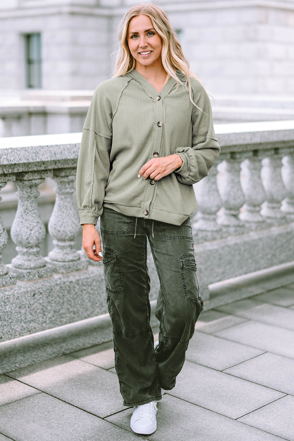 Women's Knit Cardigan with Exposed Seam Waffle