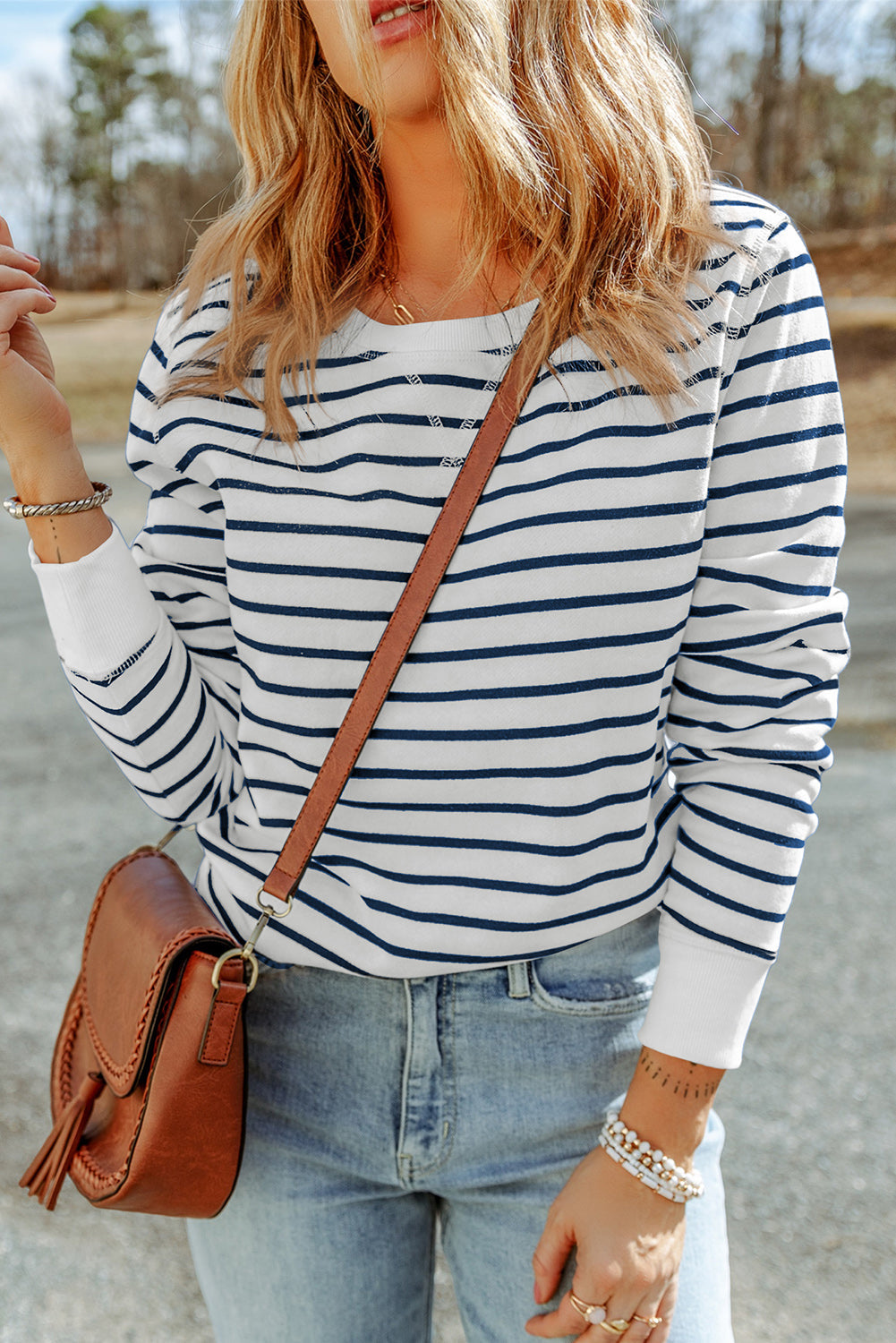 Women's Top with Striped Rib-Knitted Trim Long-Sleeve