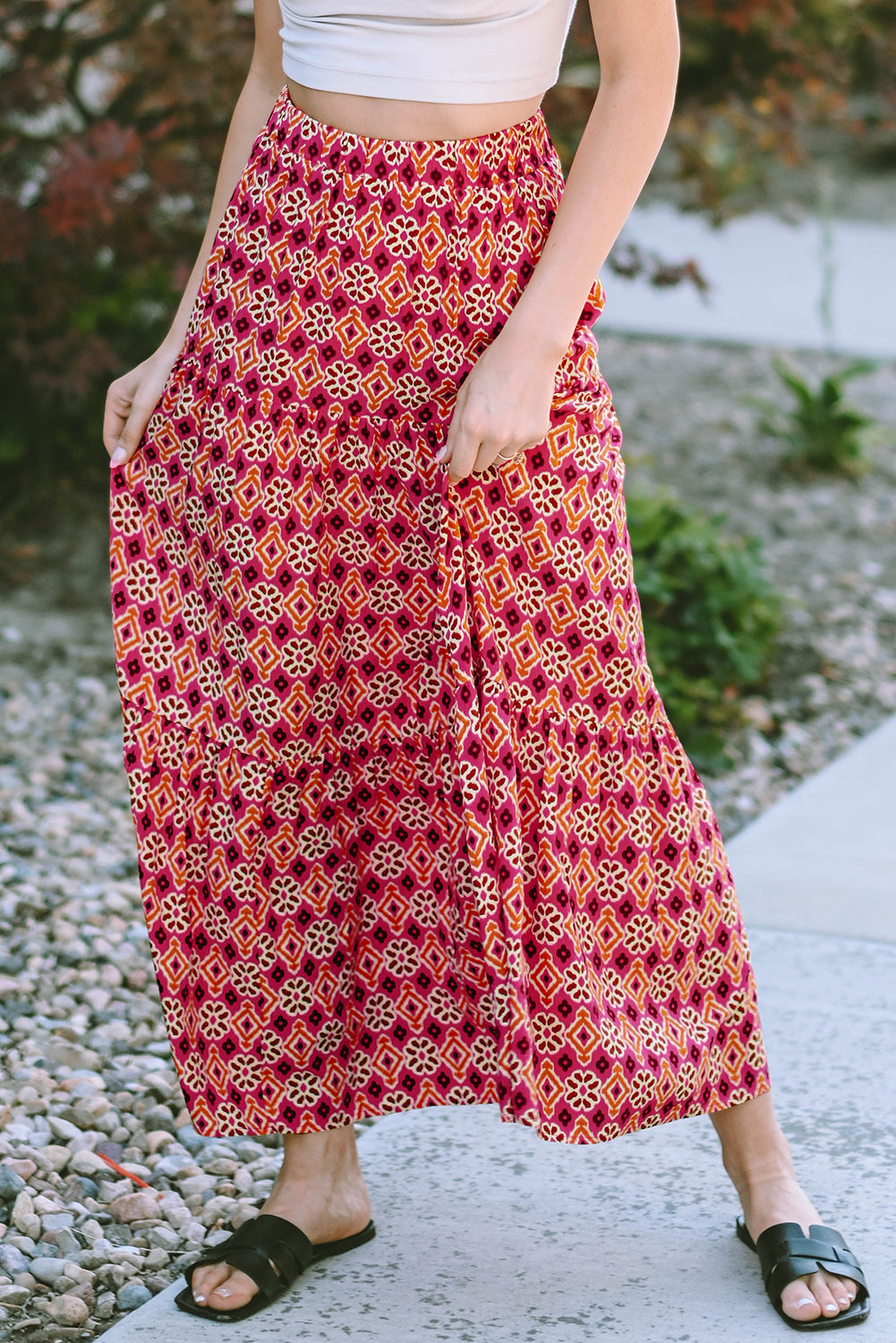 Skirt for Women Print Layered Maxi Vintage Bohemian Floral-Print