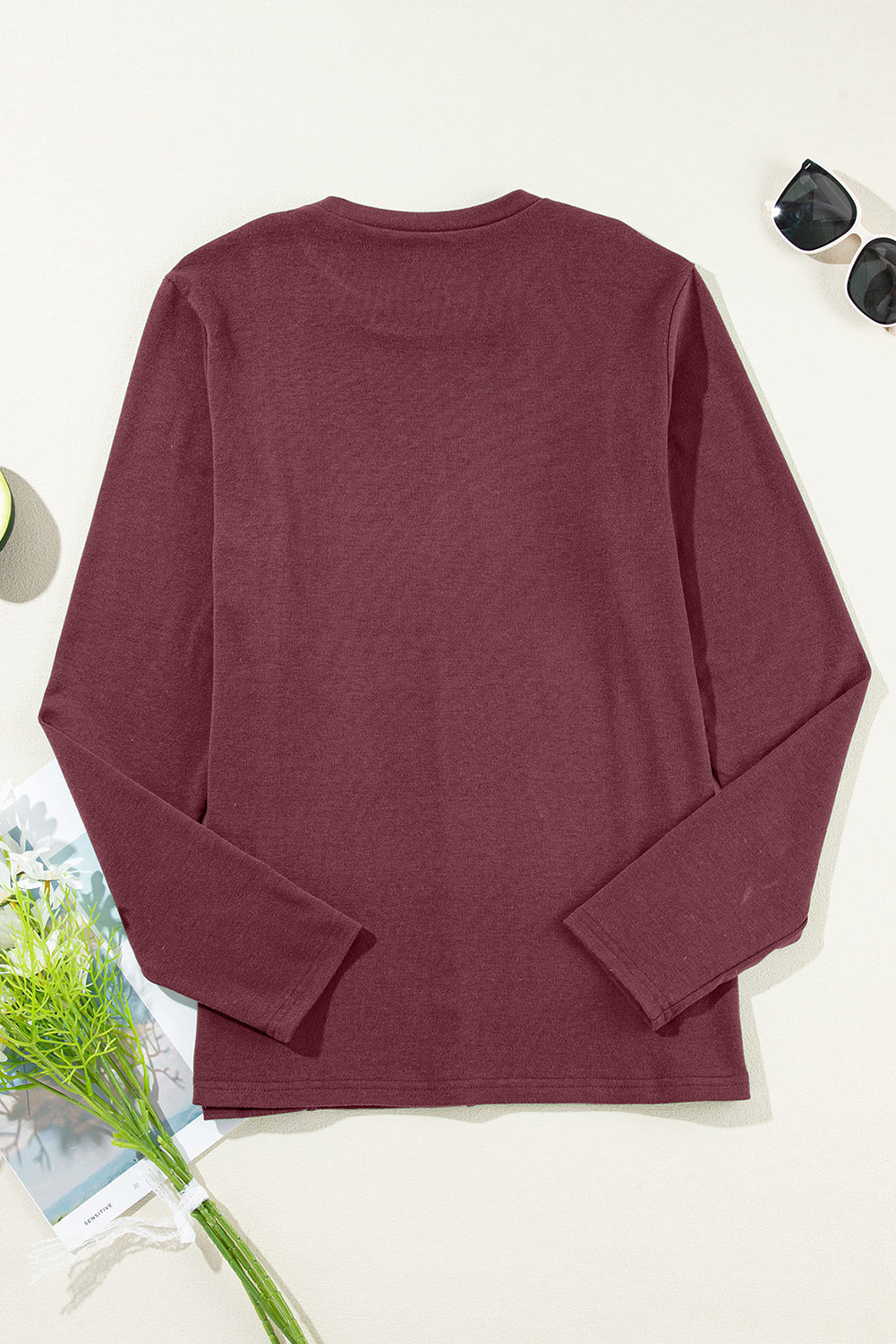 Exposed Seam Crew-Neck Long-Sleeved Top in Red