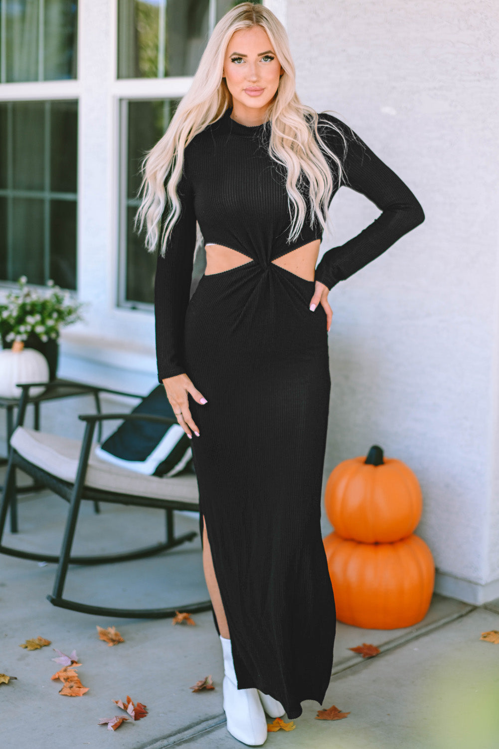 Women's Dress with Twist Cutout Long-Sleeve Rib-Knitted