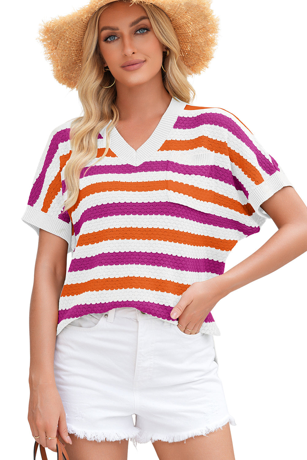 Stripe V-Neck Rose V-Neck Short-Sleeved Knit Top with Side Slits