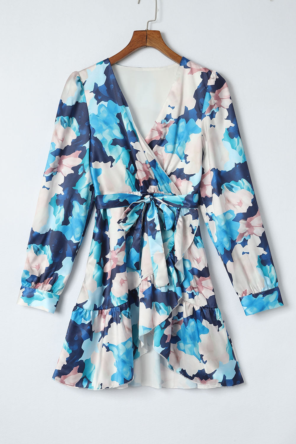Women's Dress with Ruffle-Trimmed Abstract Floral-Print Long-Sleeve Tie-Front