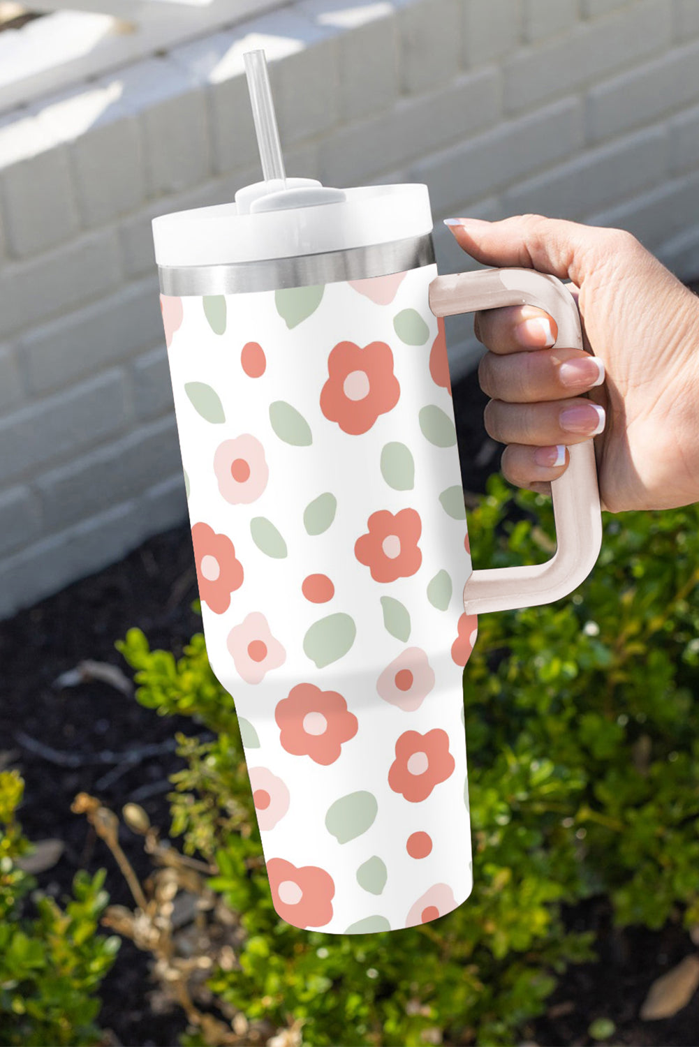 Floral Leaves Print Stainless Large Portable Cup 40oz