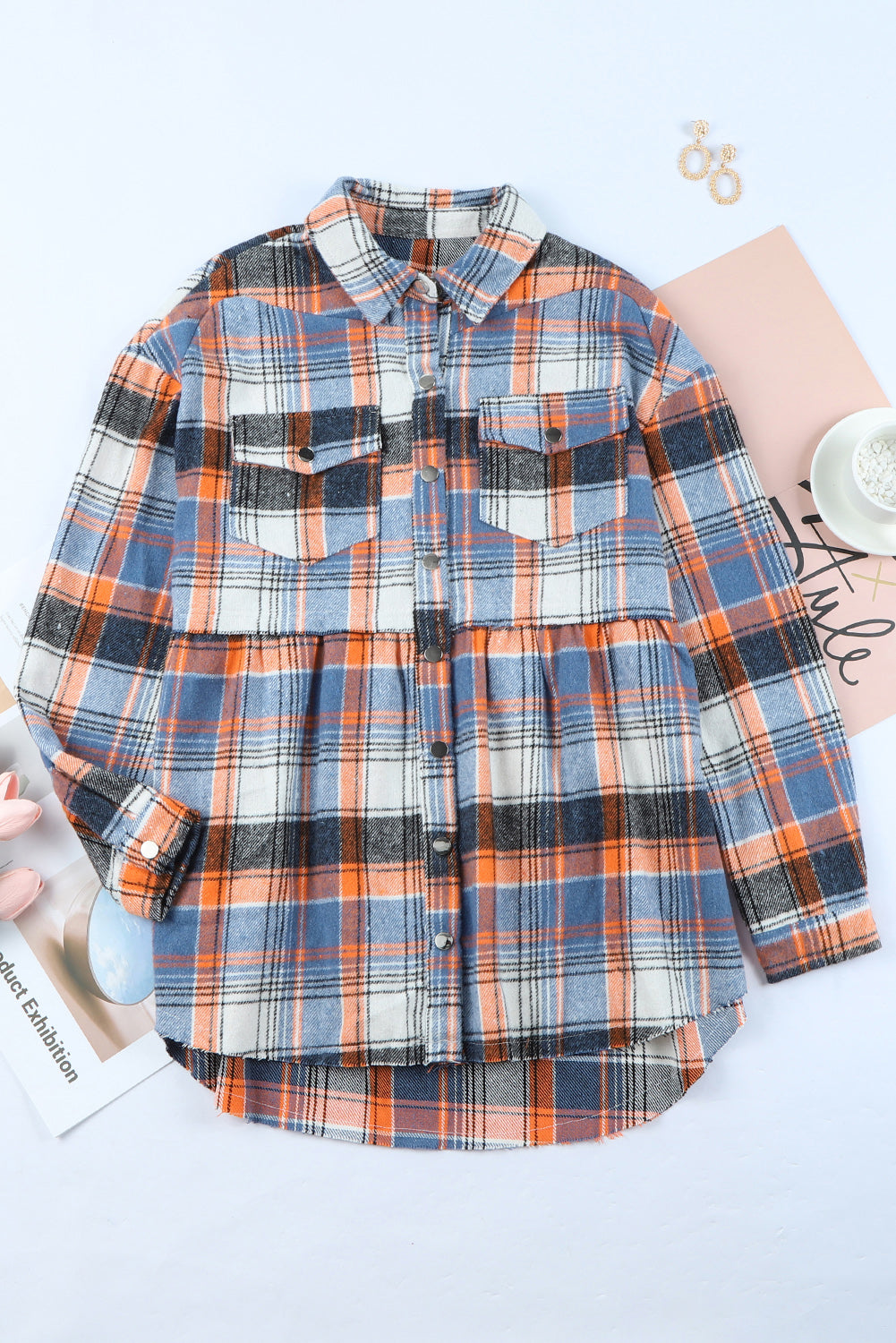Women's Shirt Jacket Featuring Plaid Ruffle-Trimmed