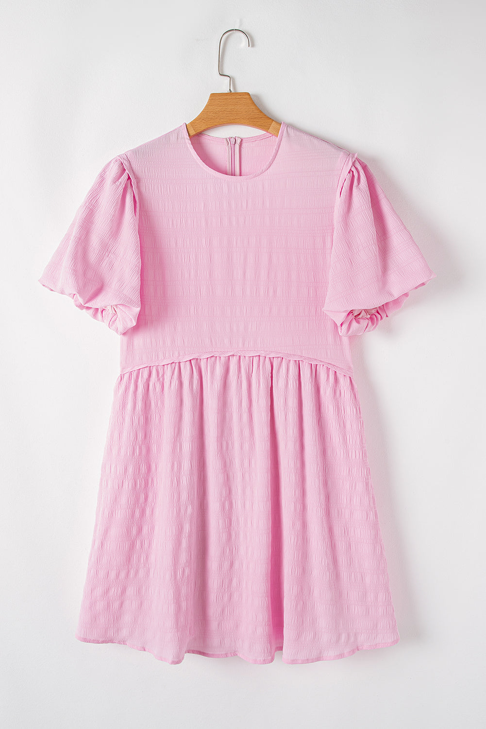 Pink Textured Bubble Sleeve High Waist Mini Dress