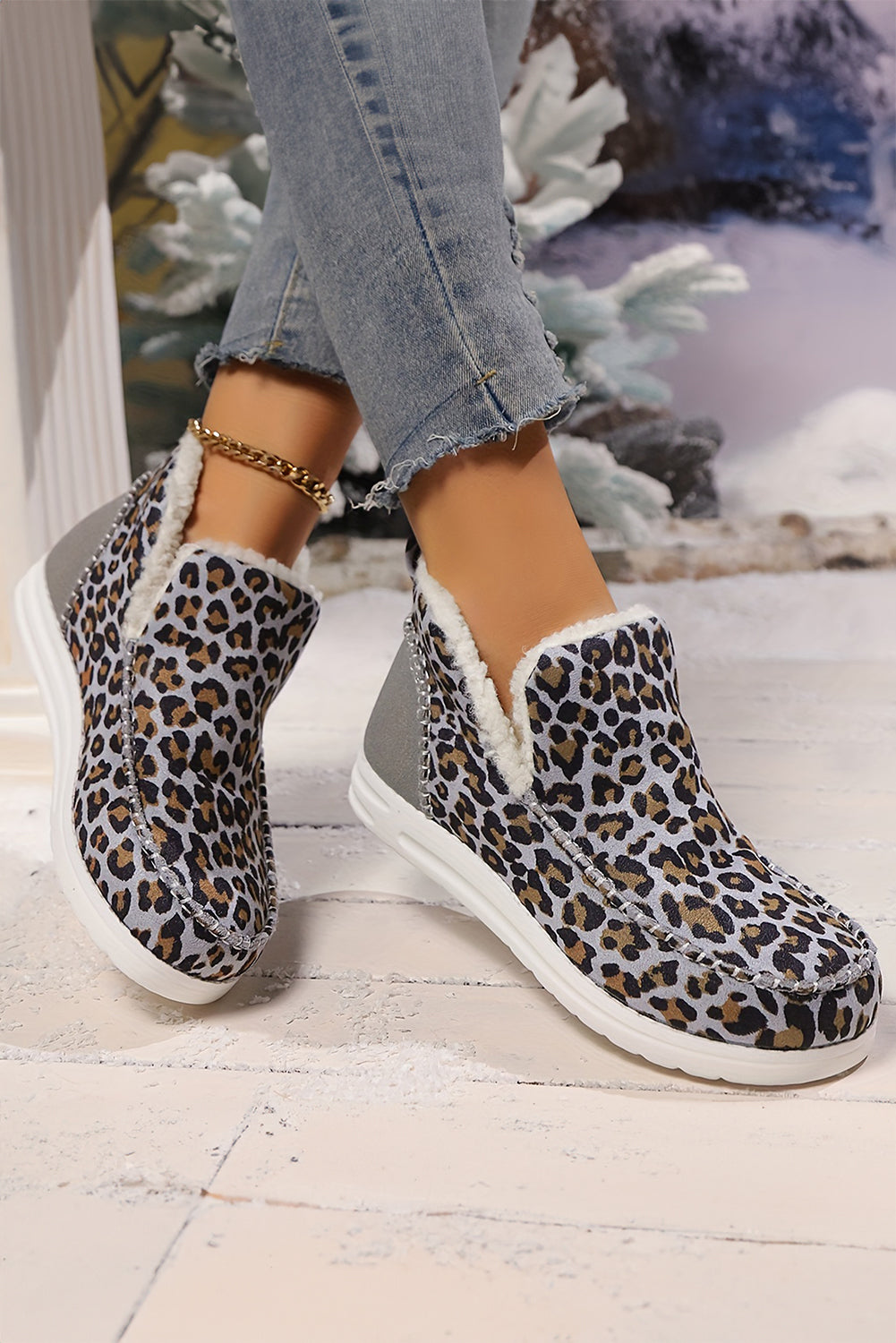 Patched Leopard-Print Ankle Flat Winter Fur Boots