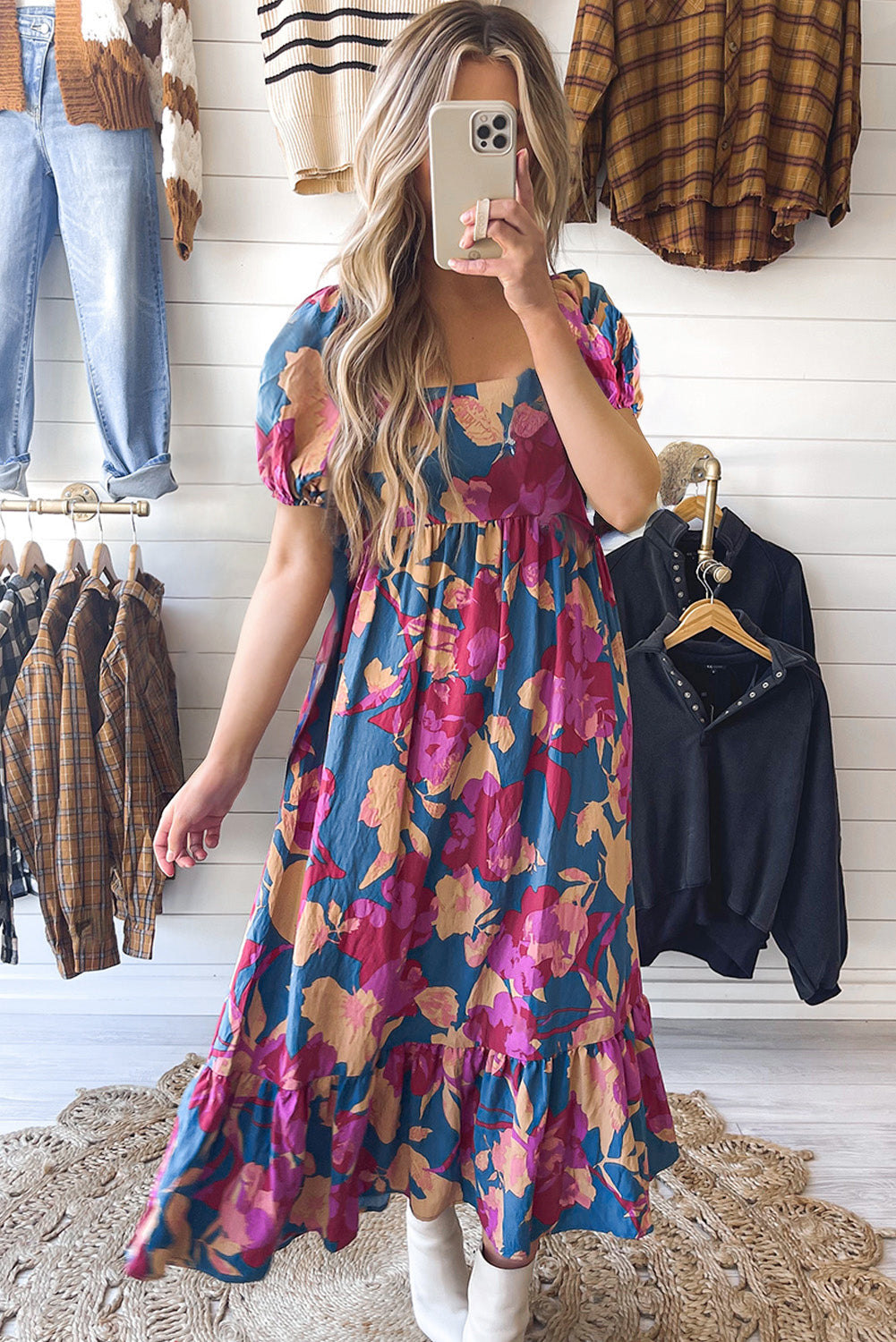 Women's Dresses with Square Neck Bubble Sleeve