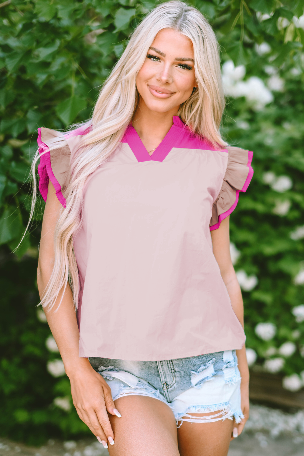Women's Blouse with Color-Block Ruffle-Trimmed Sleeve Frill V Neck