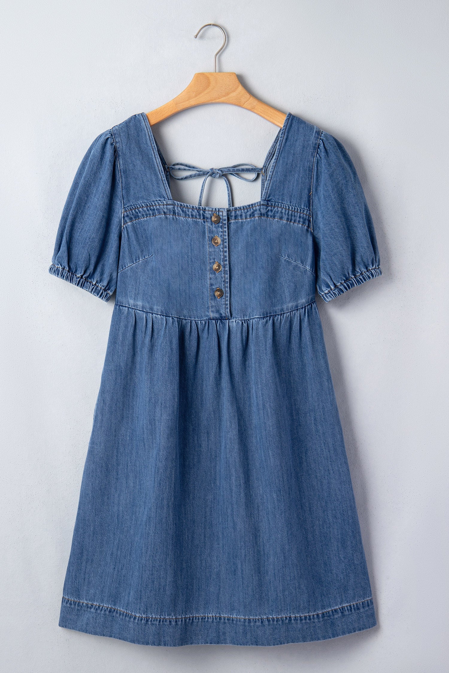Button Short Square Neck Puff Sleeve Denim Mini Dress in Blue