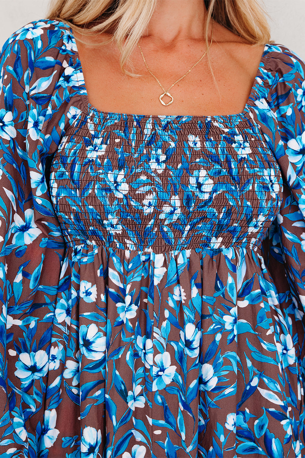 Smocked Bodice High-Waisted Ruffled Sleeve Floral Dress