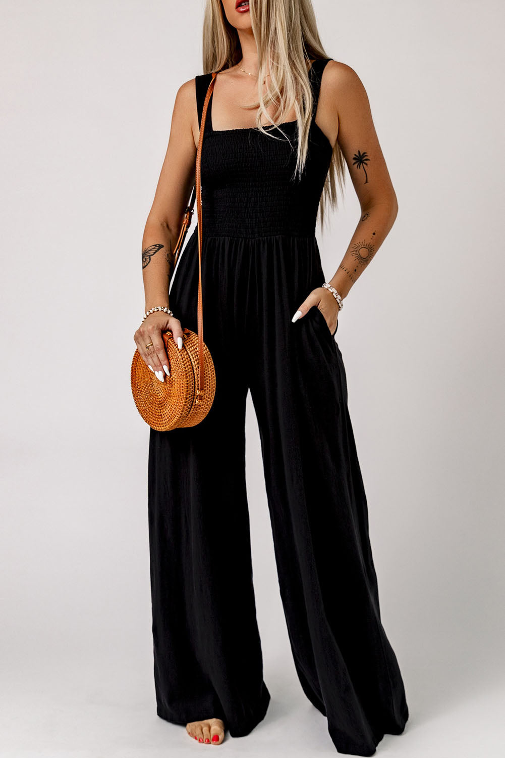 Women's Leg Jumpsuit Featuring Shirred Sleeveless Wide