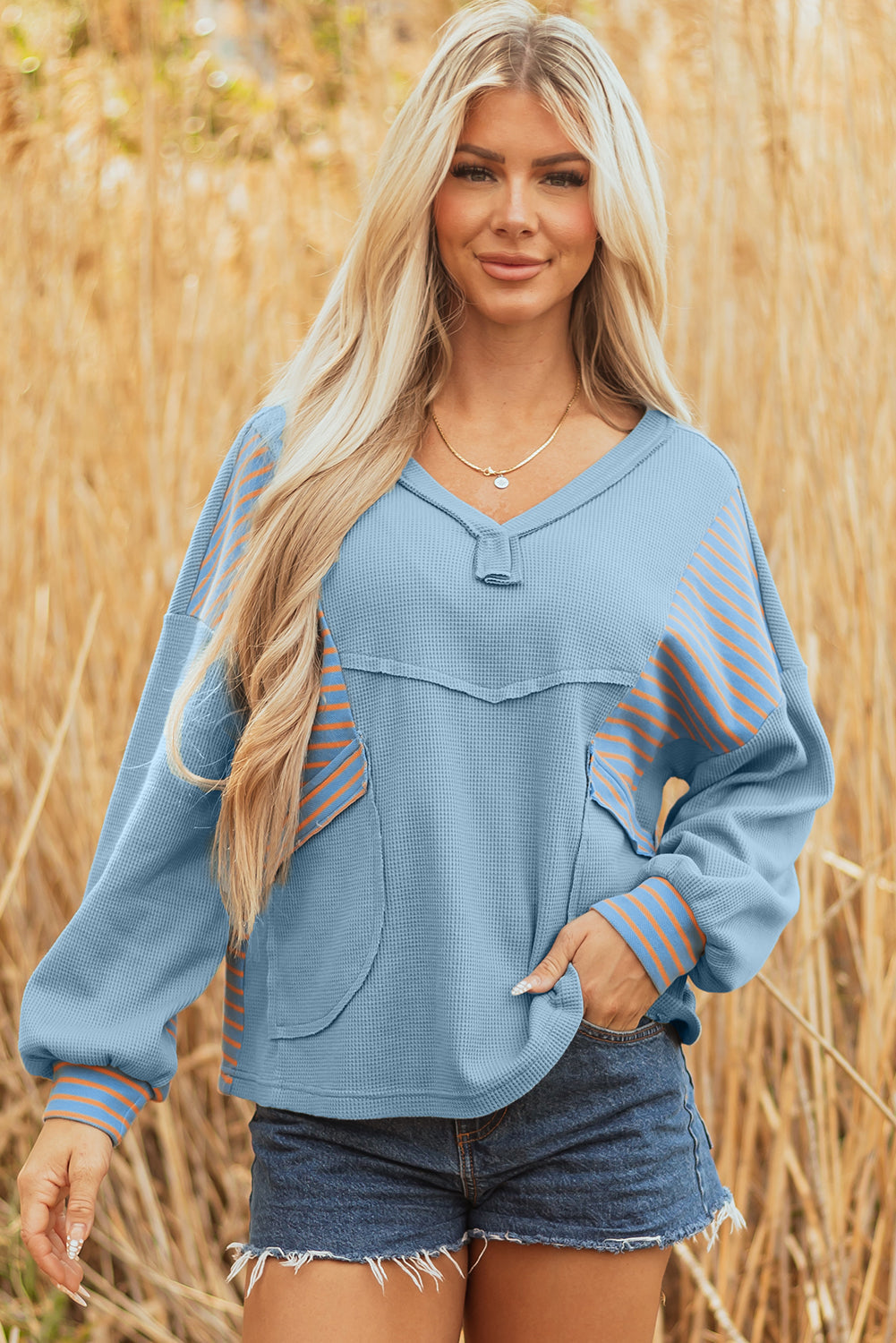 Seam Waffle Exposed Waffle Striped Patchwork Baggy Pullover in Blue