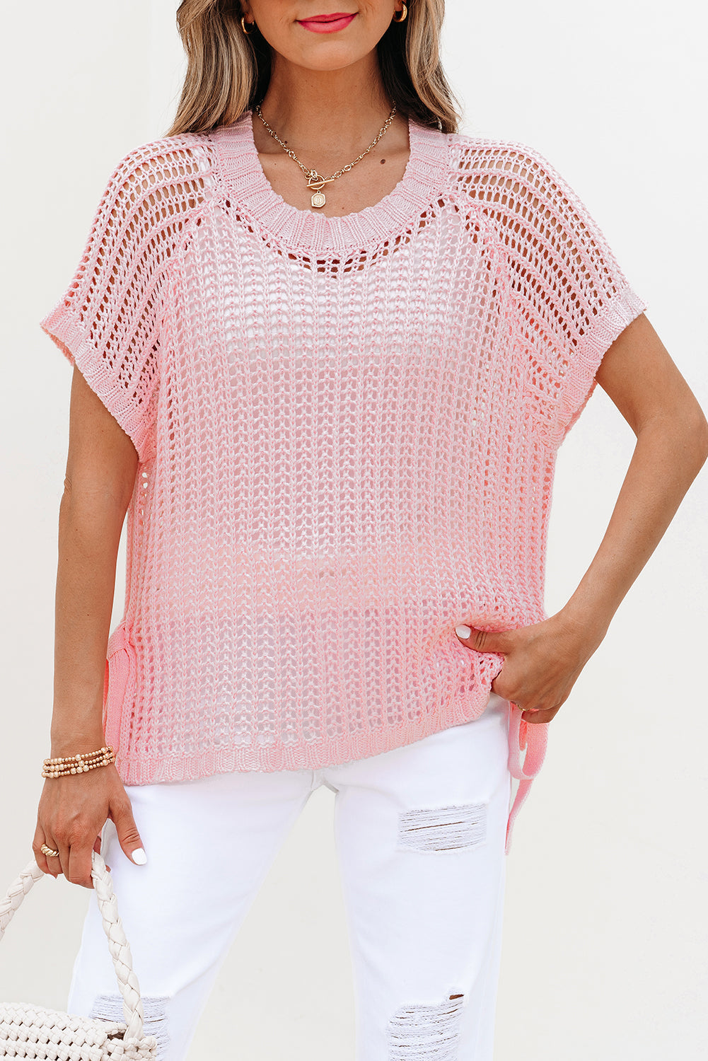 Crochet Side Hollow-out Side Tied Short-Sleeved Knit Top
