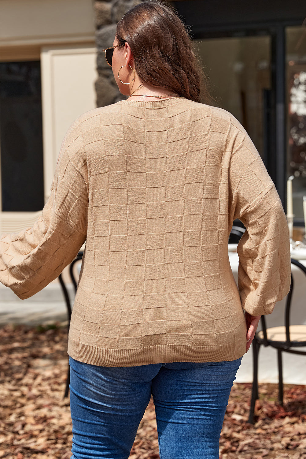 Sweater for Women Solid Checked Knitted Plus Size