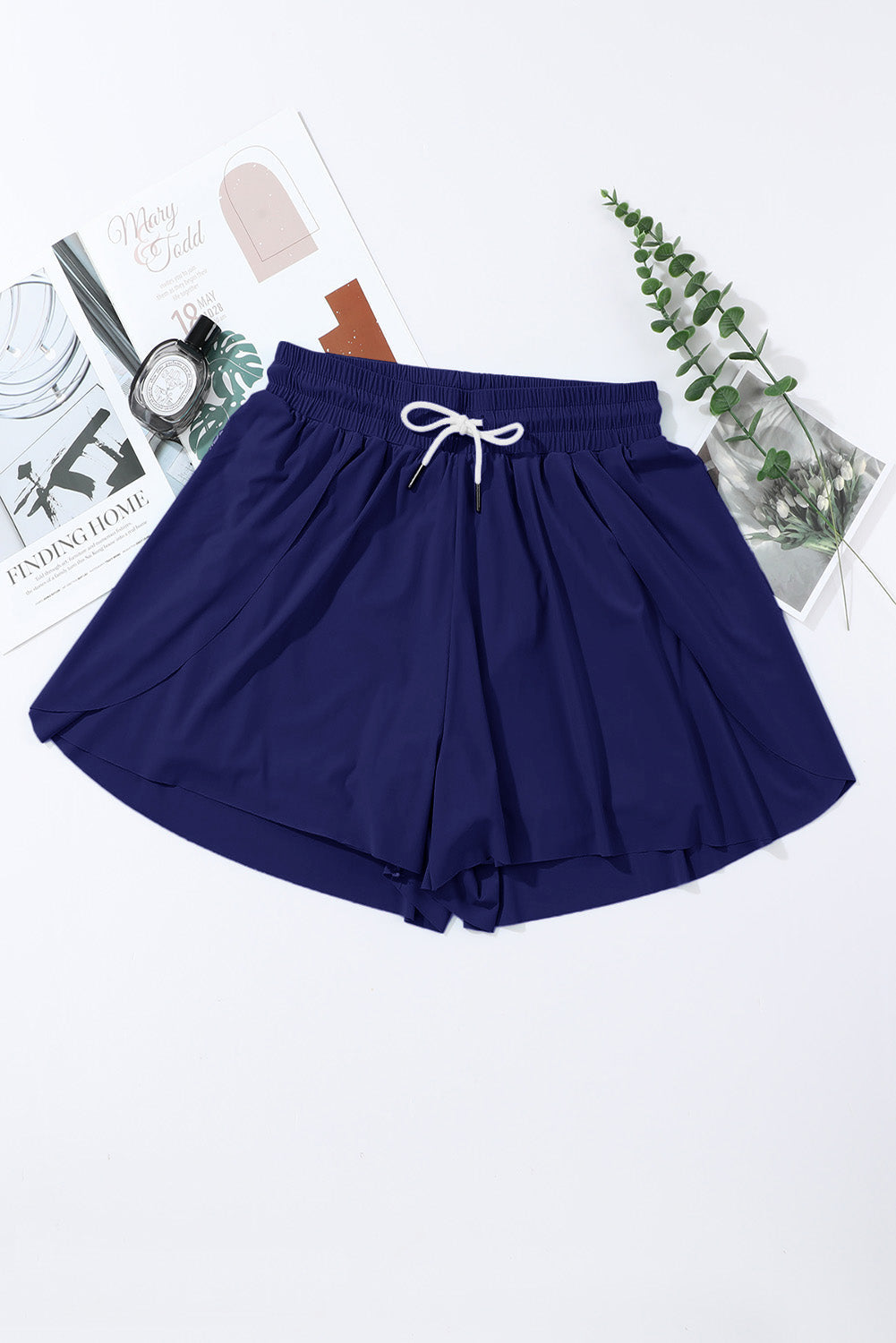 Drawcord Elastic Waist Lined Ruffle Shorts Bikini Bottom in Navy Blue