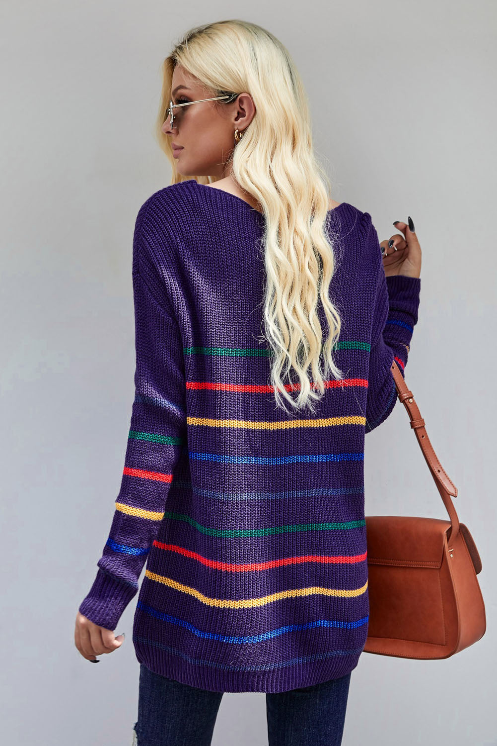 Knit Sweater for Women Blue Striped Loose
