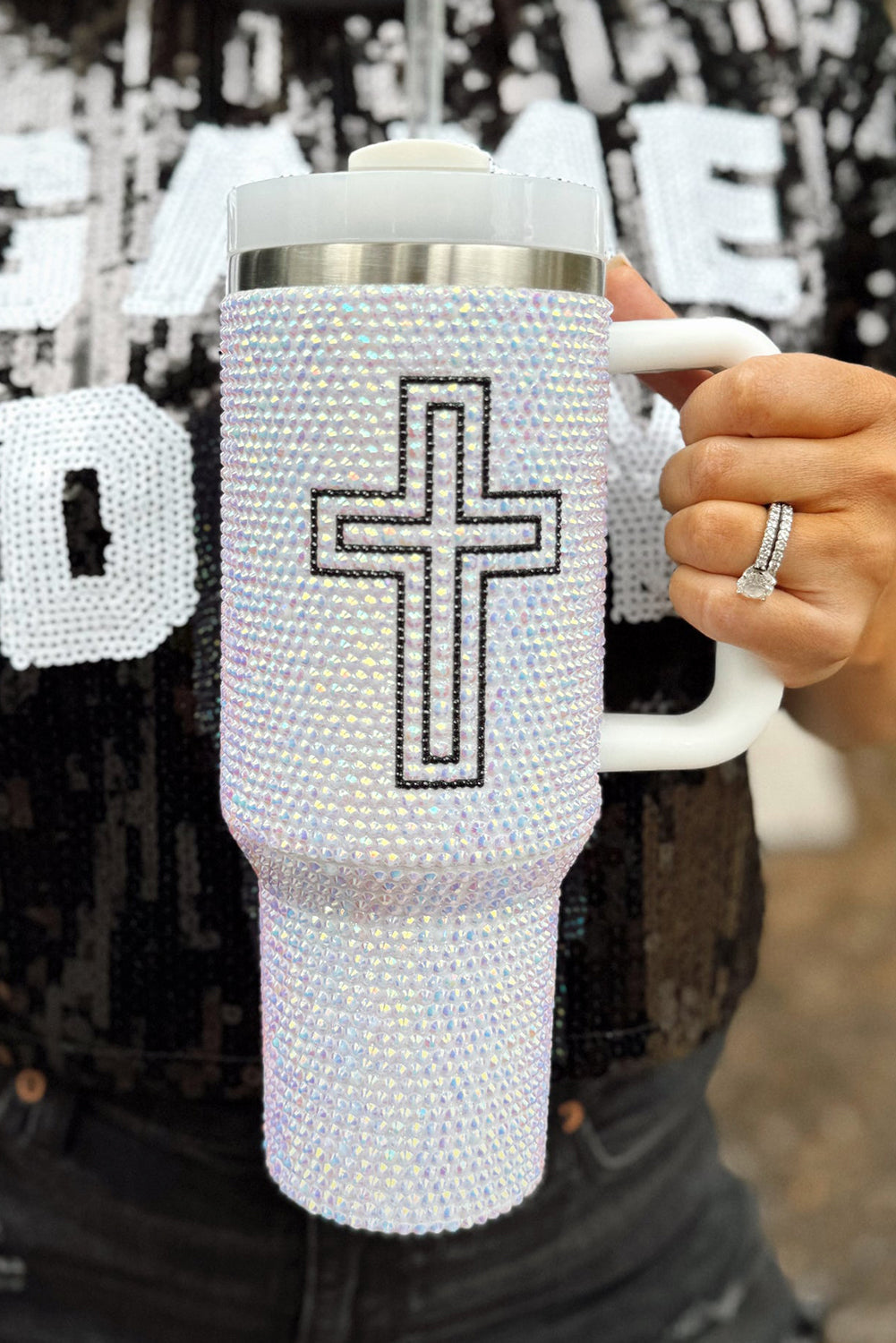 Rhinestone40 OZ Cross OZ Tumbler with Handle