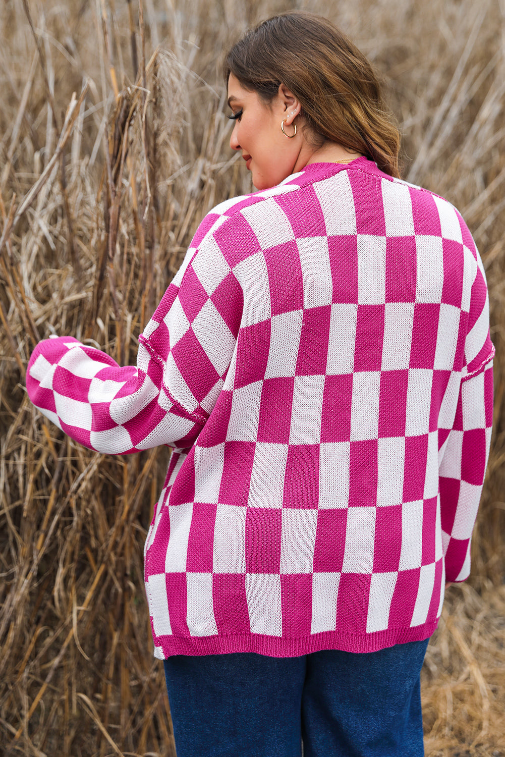 Women's Checked Pattern Plus Size Cardigan