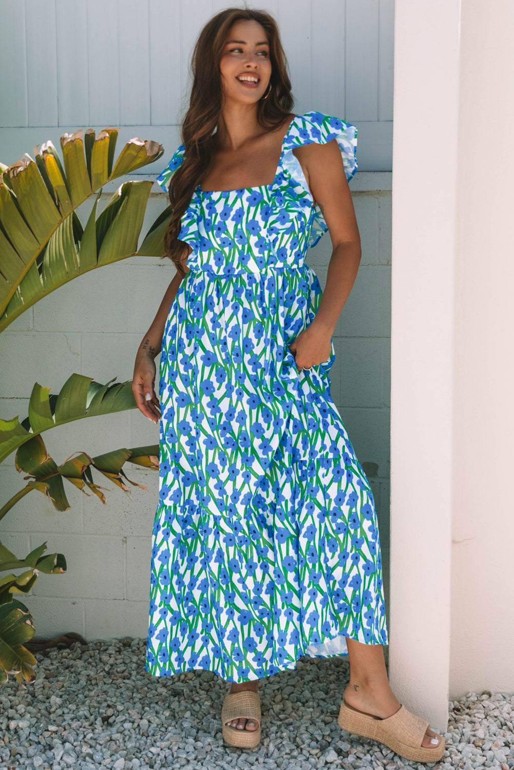 Floral-Print Square Neck Ruffled Strap Maxi Dress