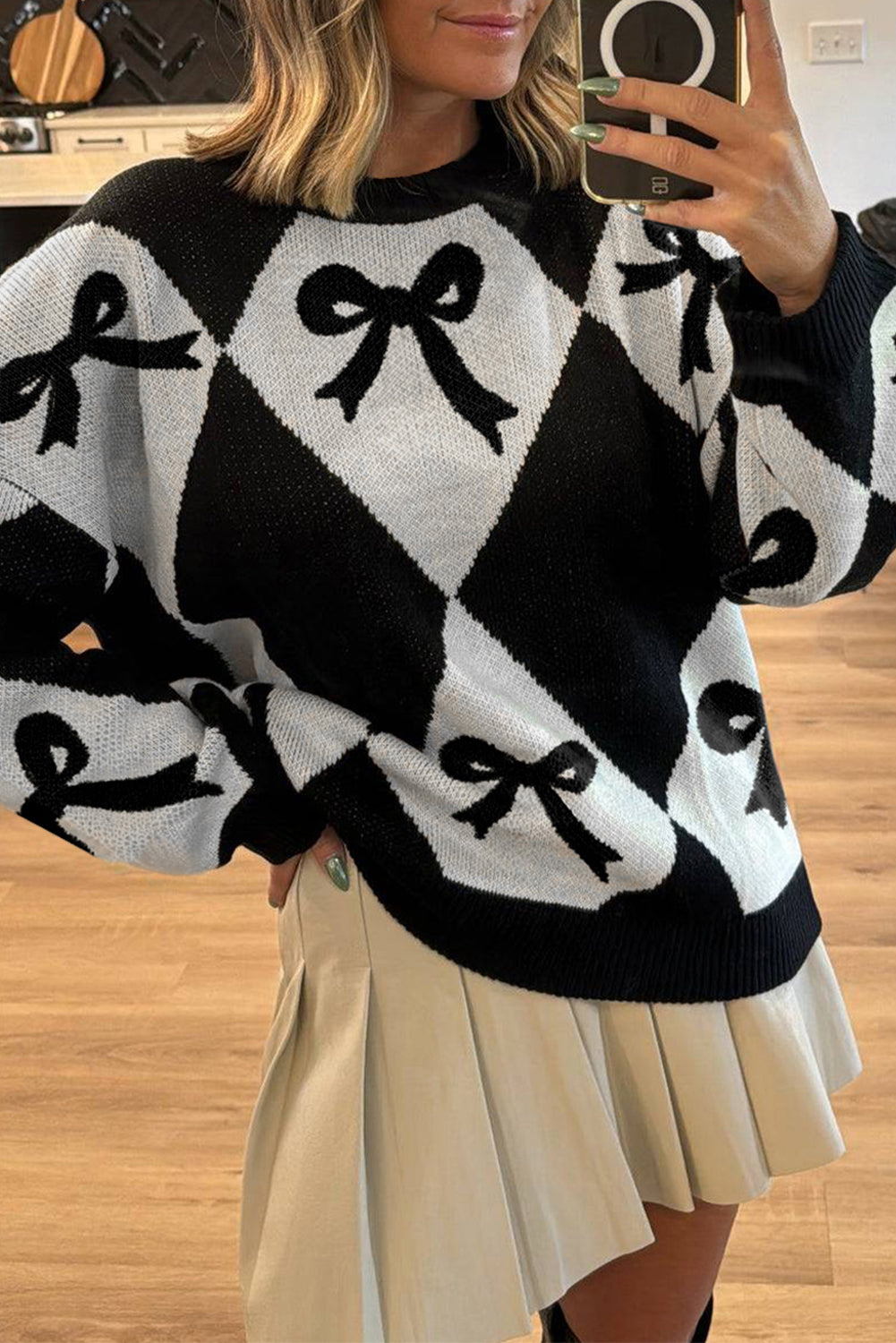 Bow Print 2-tone Rhombus Knit Loose Knit Top