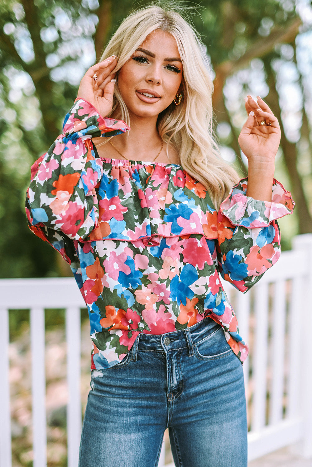Women's Floral-Print Ruffle-Trimmed Off Shoulder Blouse