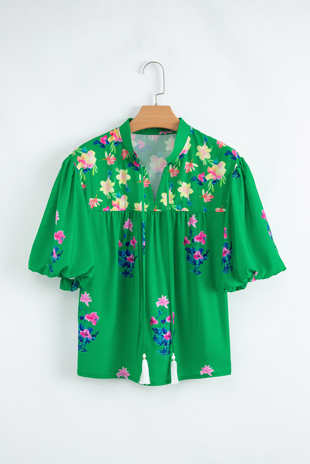 Floral Split Detail Tie Neck Short-Sleeved Blouse