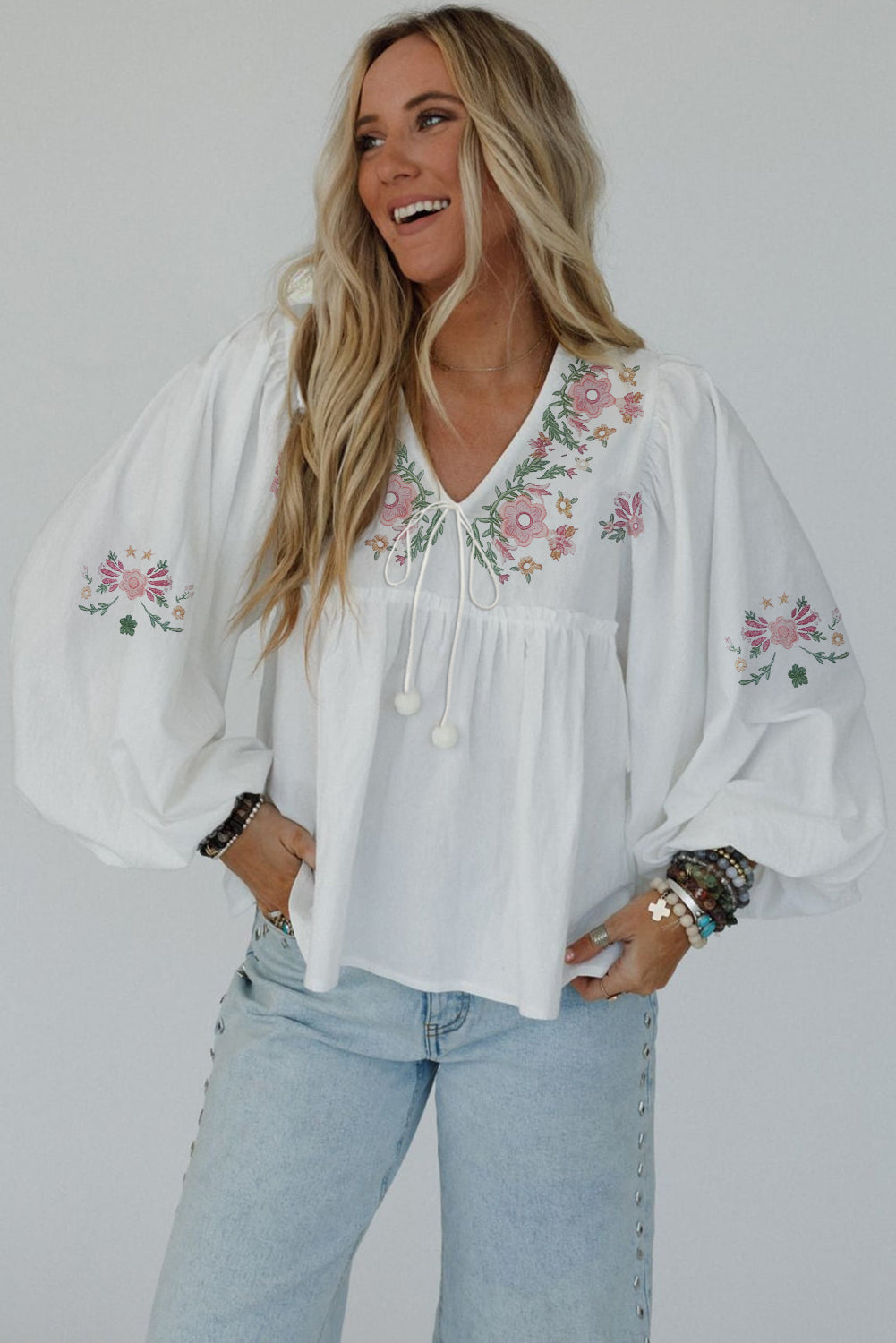 Lace-up Flower Print V-Neck Babydoll Blouse