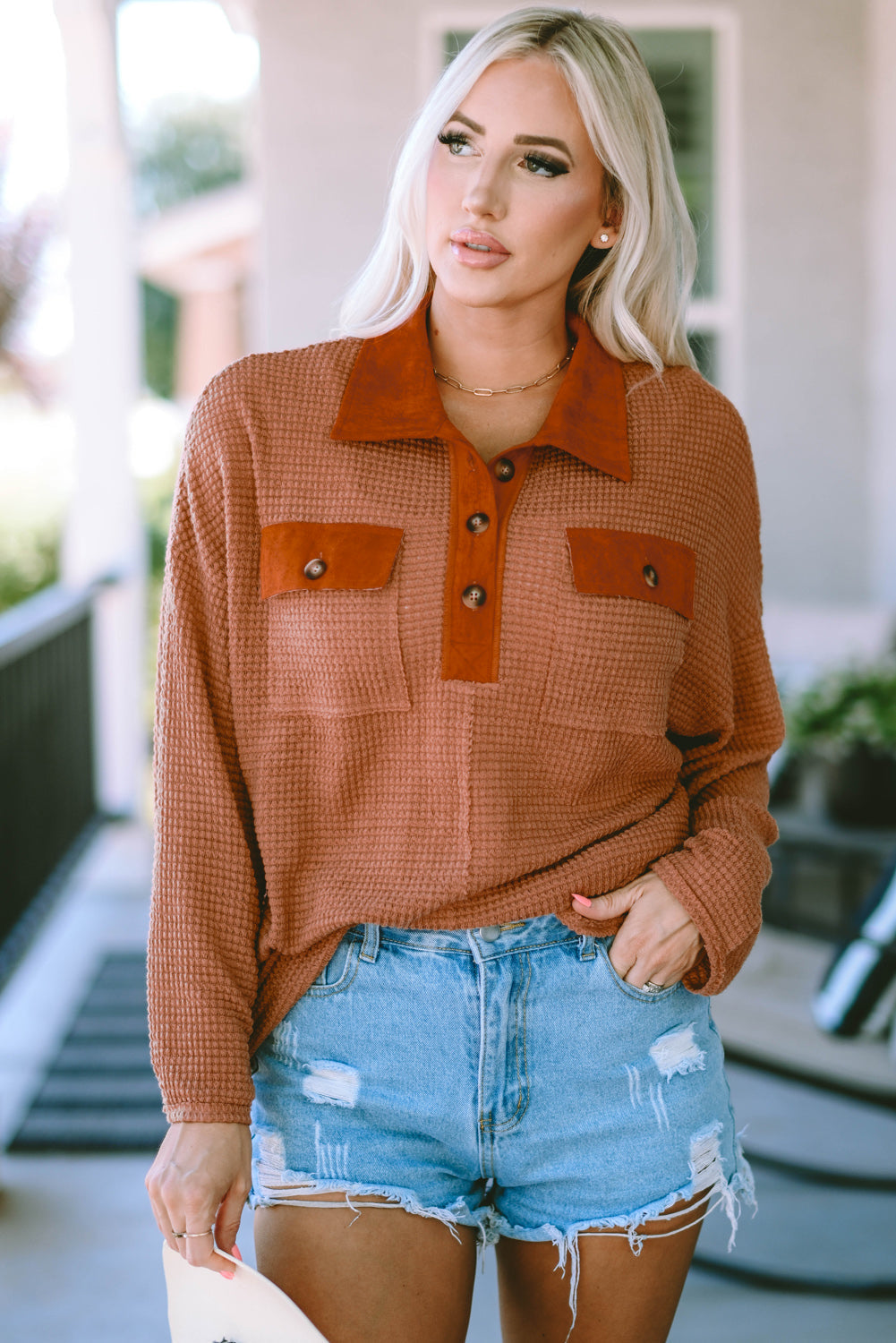 Women's Waffle Knitted Trim Long-Sleeve Top