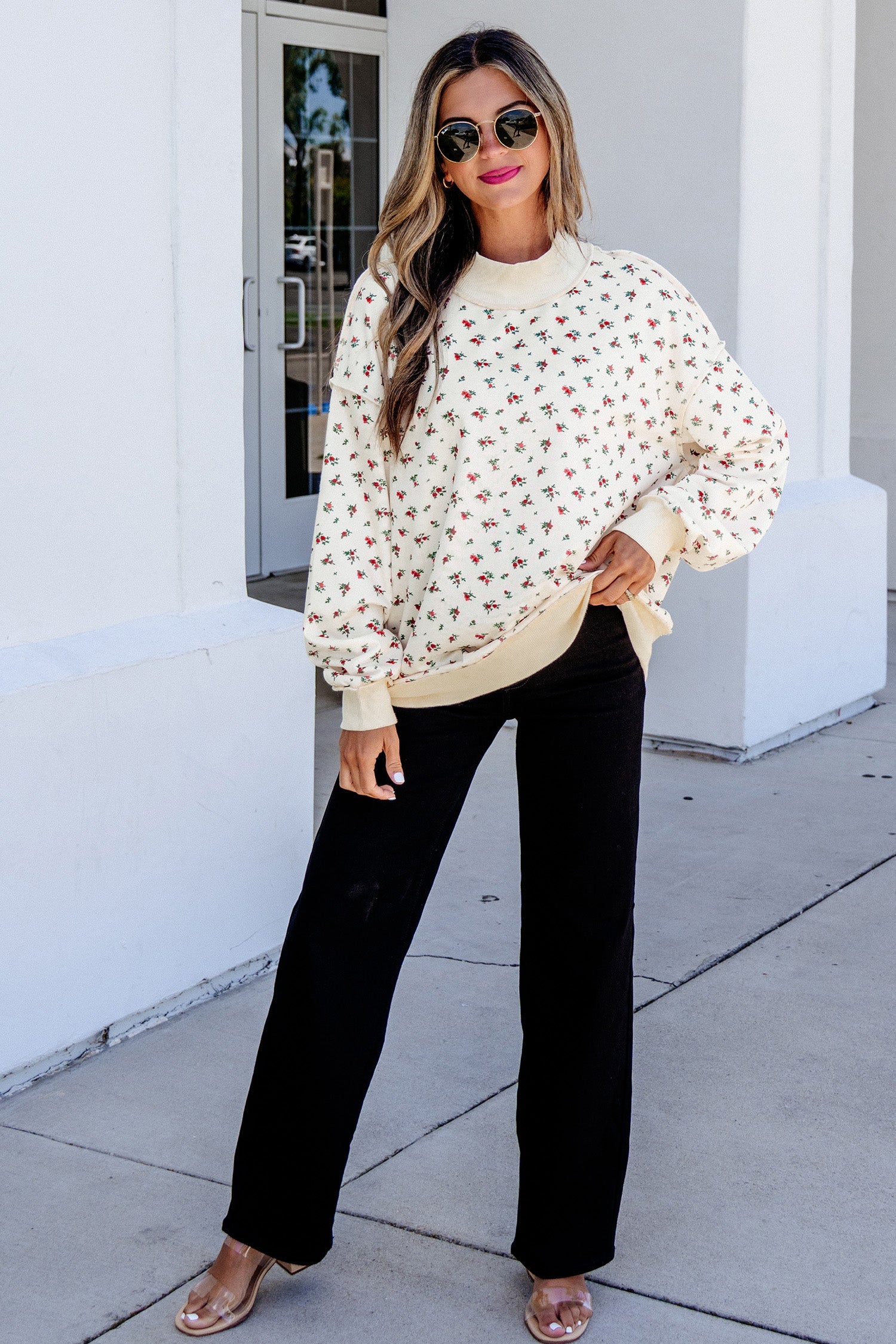 Rib-Knit Floral-Print High Neck Baggy Pullover Sweatshirt in Beige