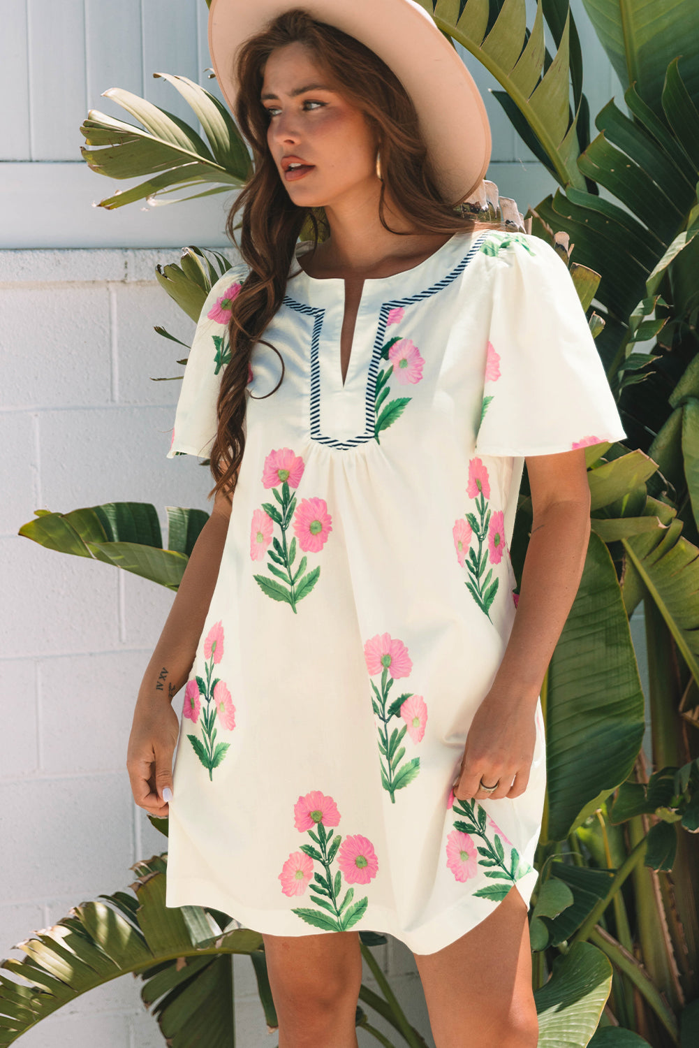 Floral Neck Short-Sleeved Split Loose Mini Dress