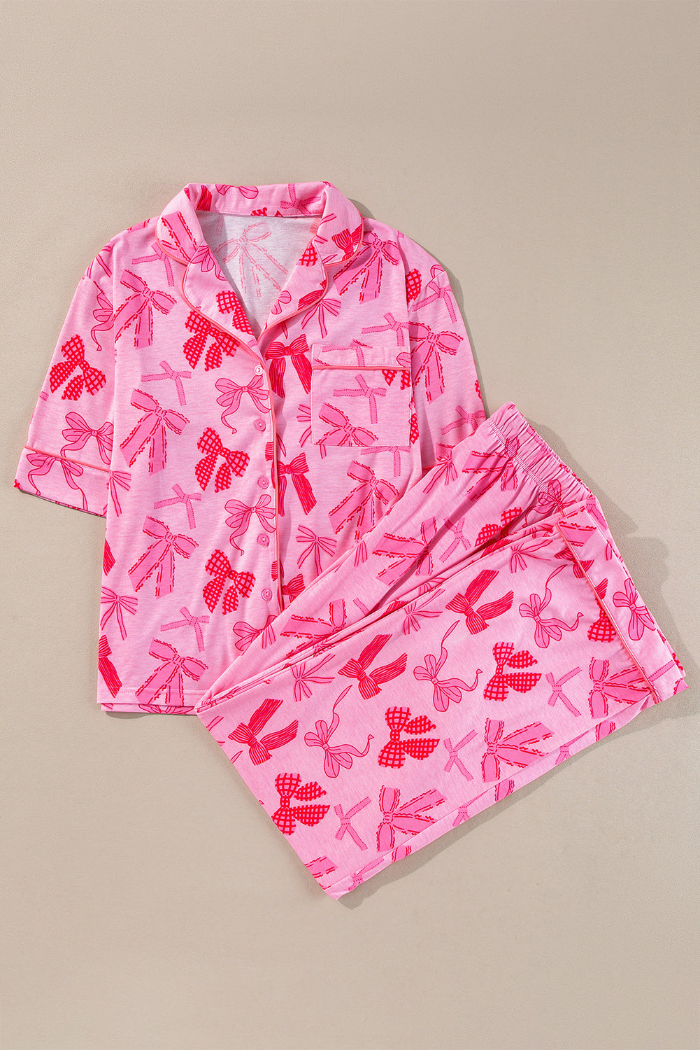 Bow Lapel Knot Print Collar Short-Sleeved and Pants Pajamas Set