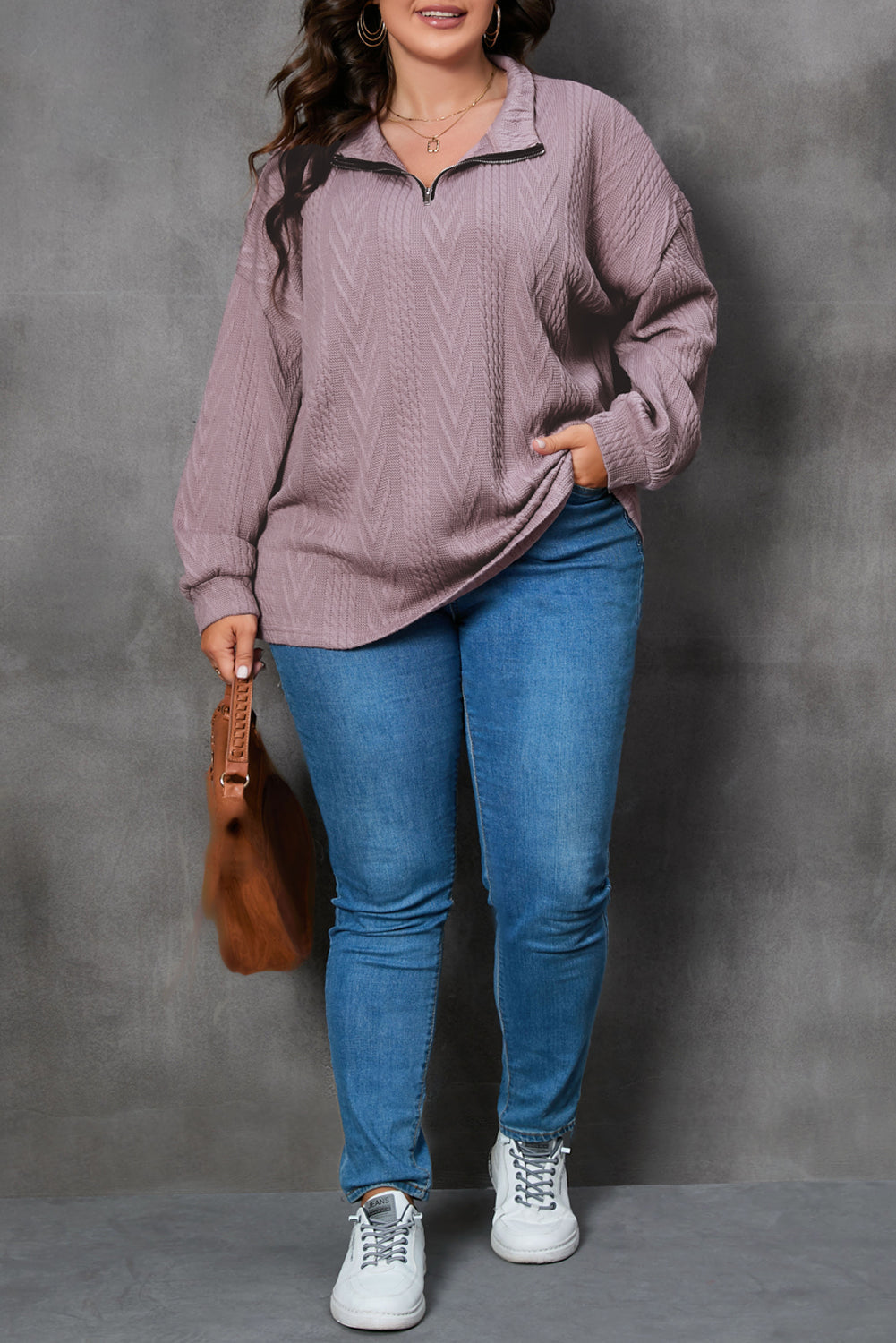 Women's Pullover with Zip Neck Plus Size Knitted