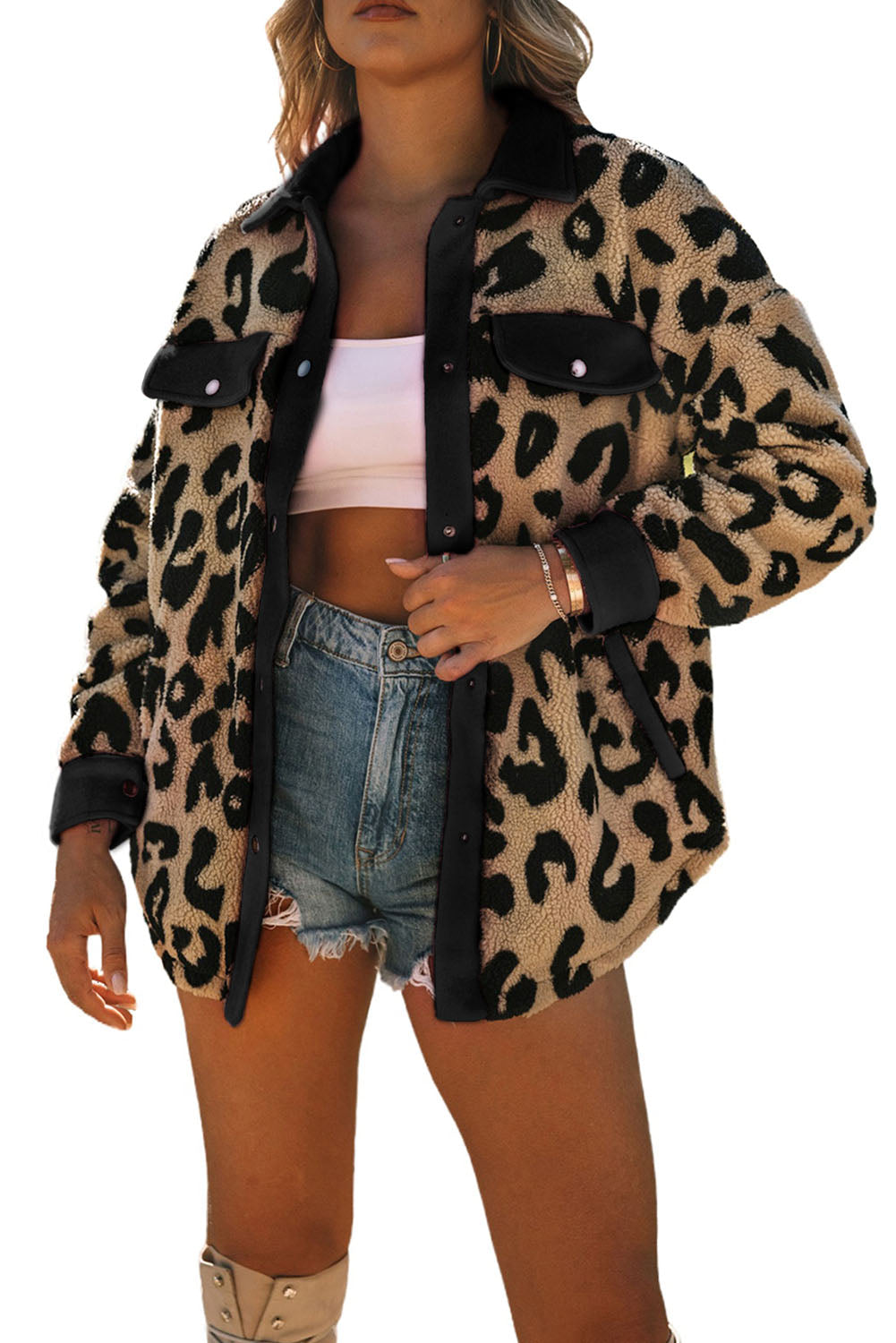 Shacket for Women Teddy Trimmed Leopard-Print