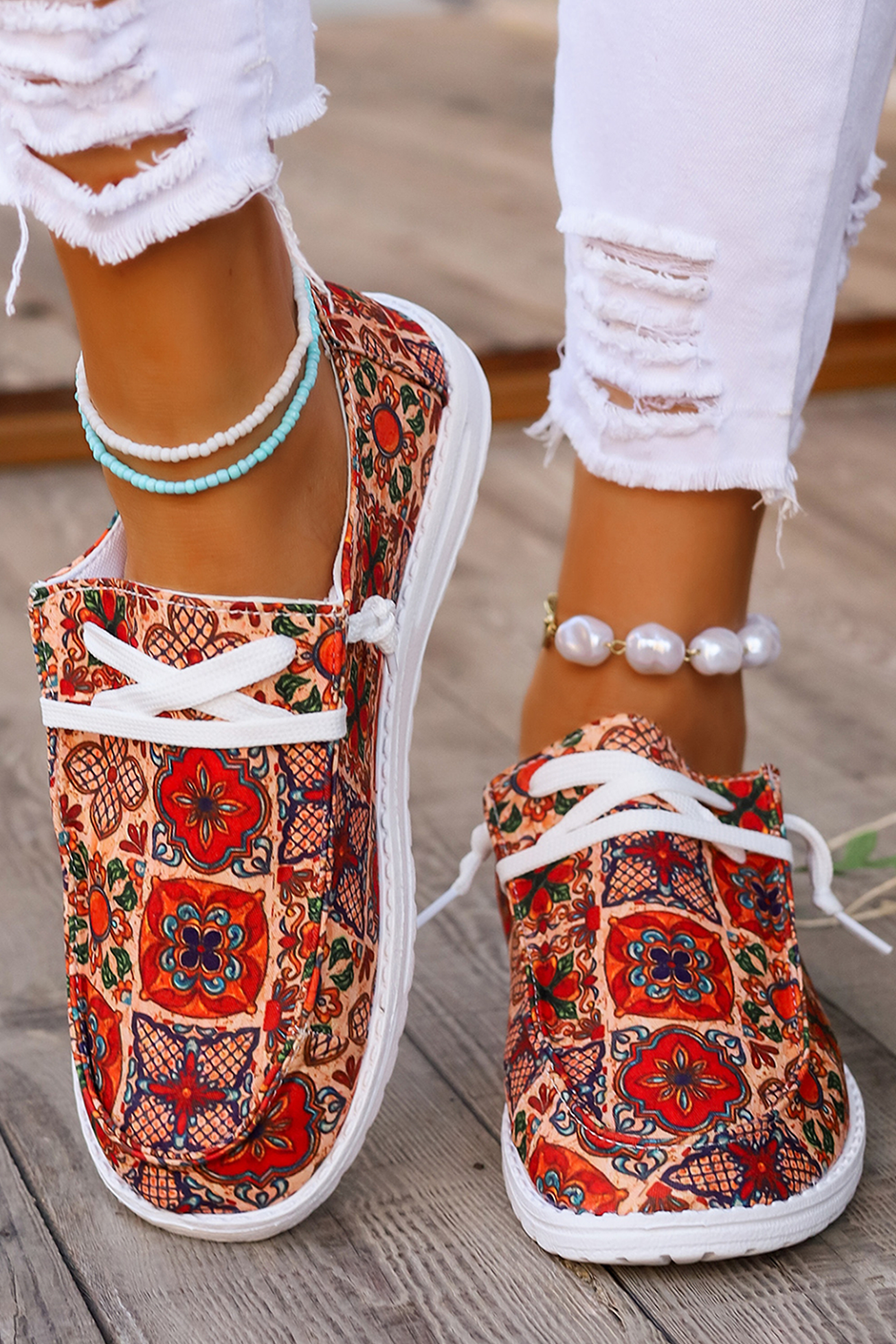 Western Printed Lacing Flat Slip On Shoes