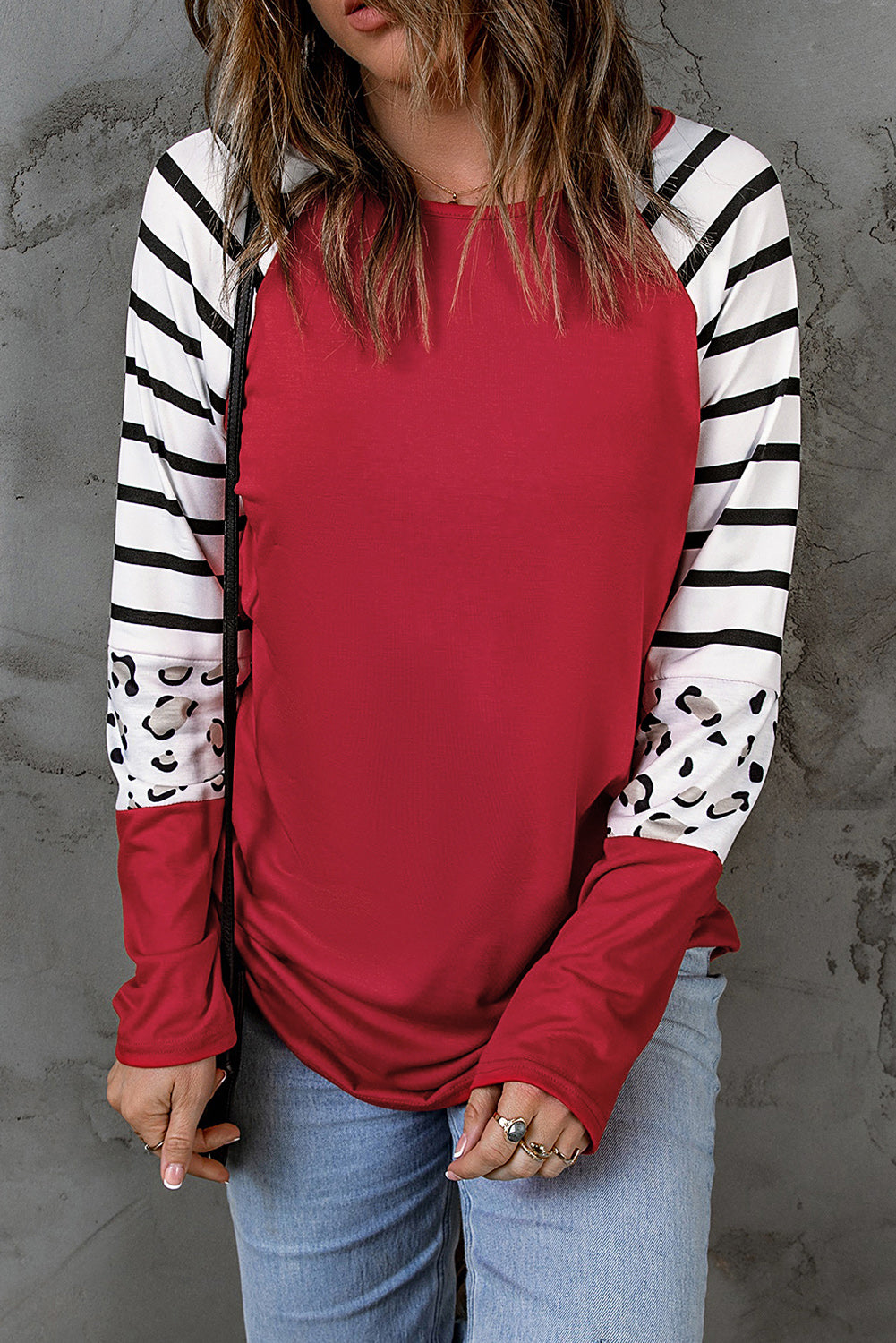 Women's Top with Red Striped Long-Sleeve