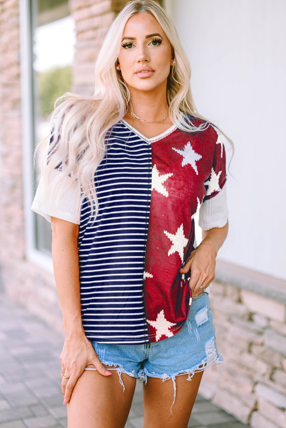 Women's Knit Top Featuring Stripes Stars Print