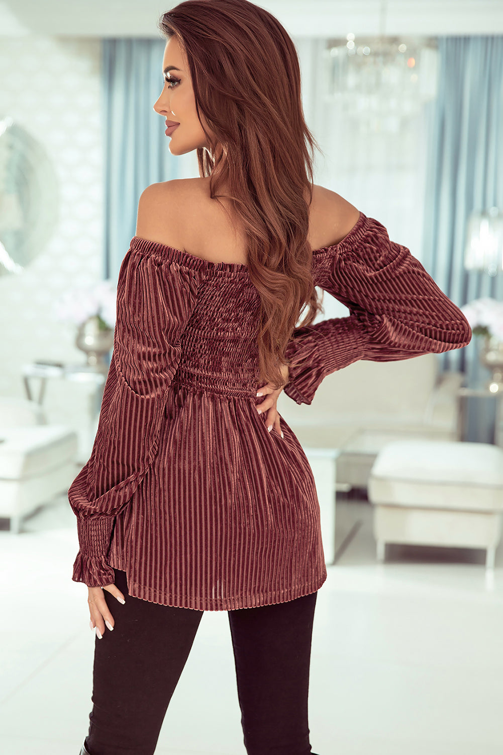 Babydoll Top for Women Shirred Rib-Knitted Velvet