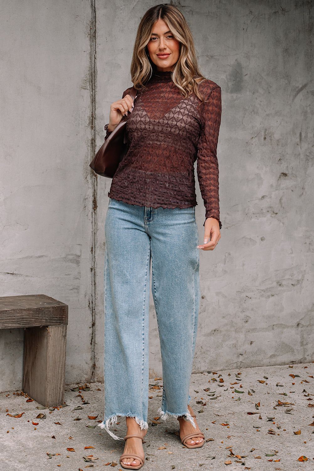 Sheer Lettuce Mesh Patterned Trim Slim Long-Sleeved Top