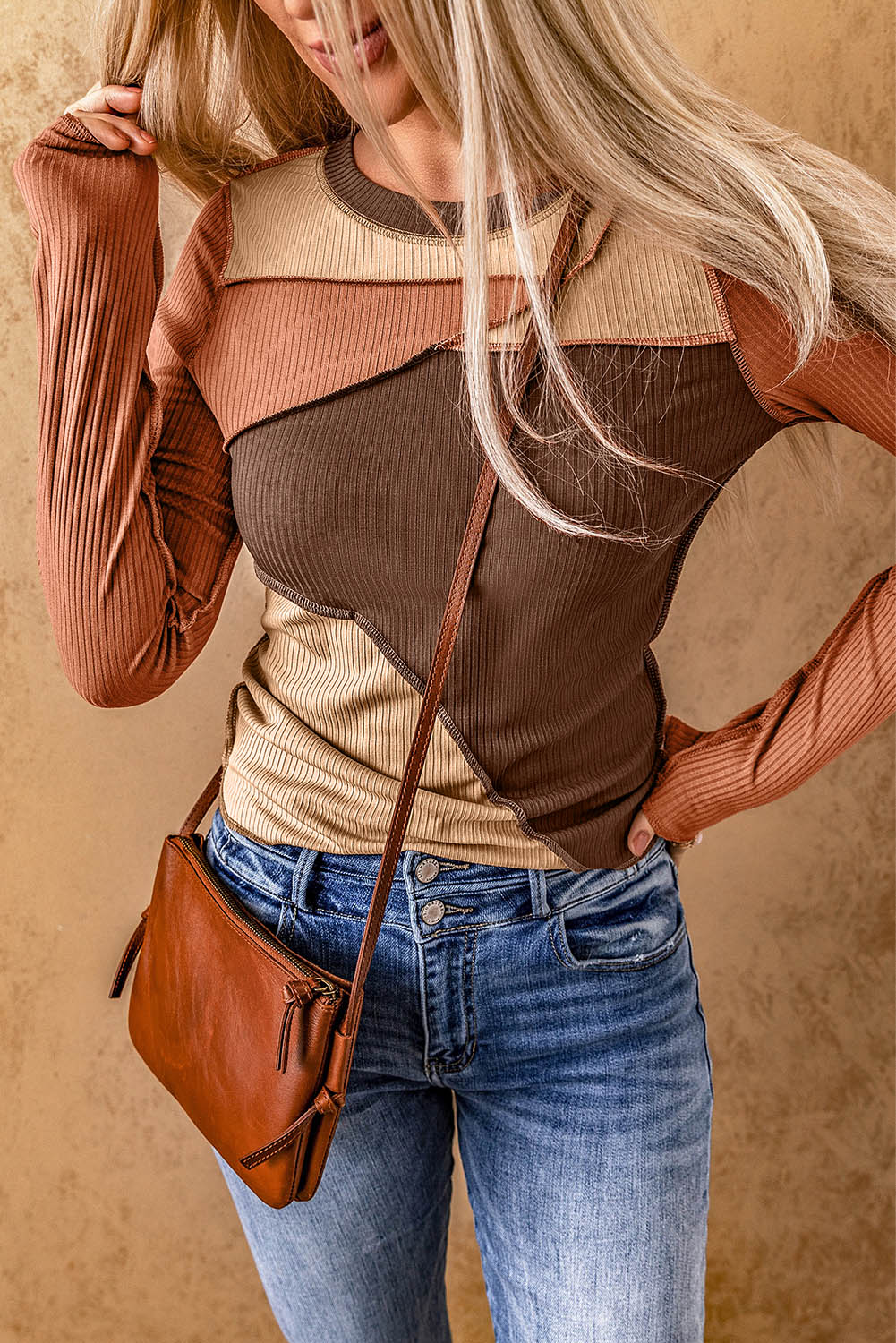 Women's Knit Top Featuring Rib-Knitted Expose Seam