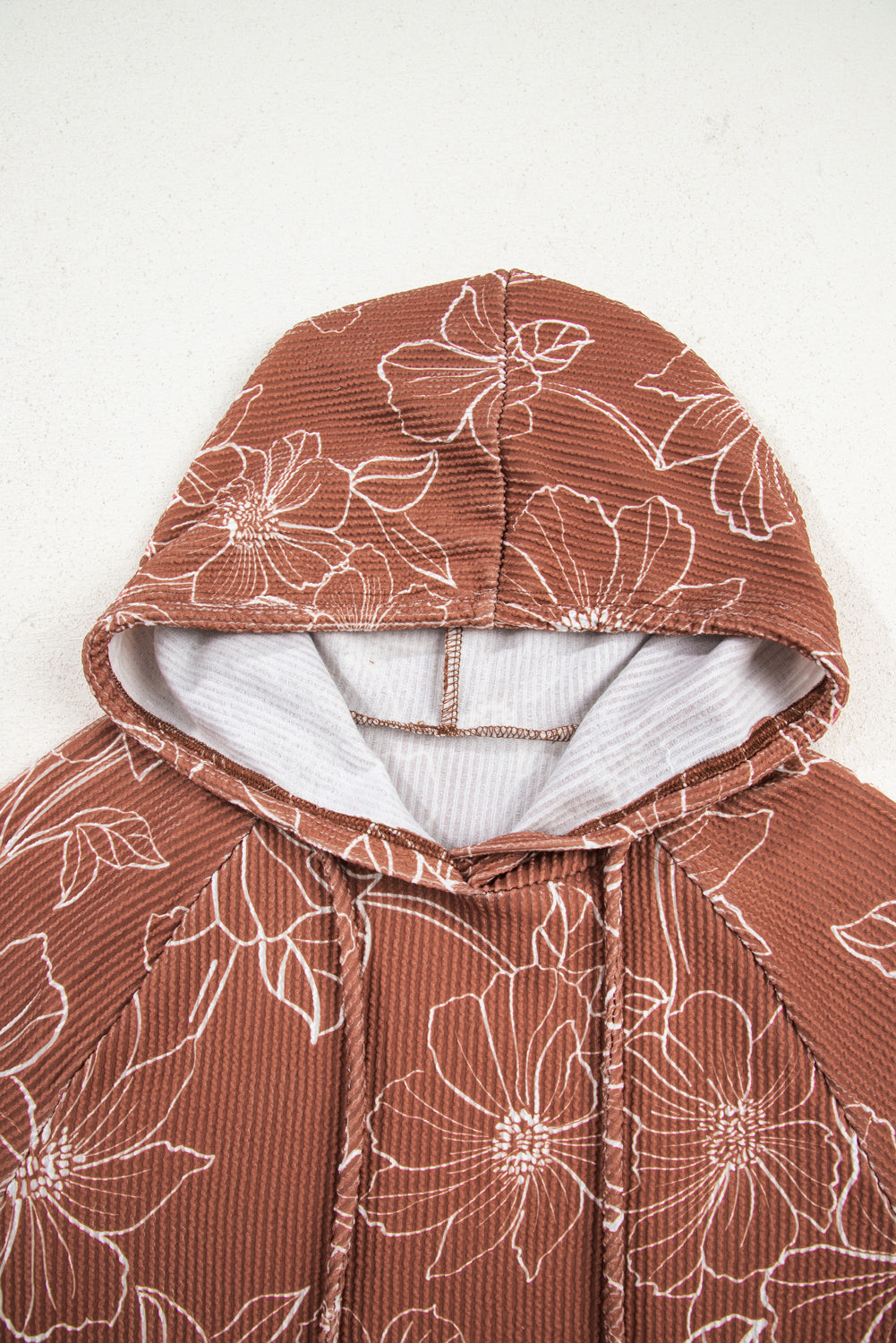 Rib Floral Twisted Drawcord Kangaroo Pocket Hoodie