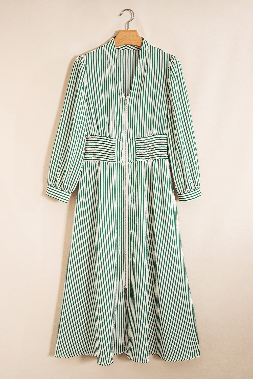 Front V-Neck Zip Cinched High-Waisted Midi Dress