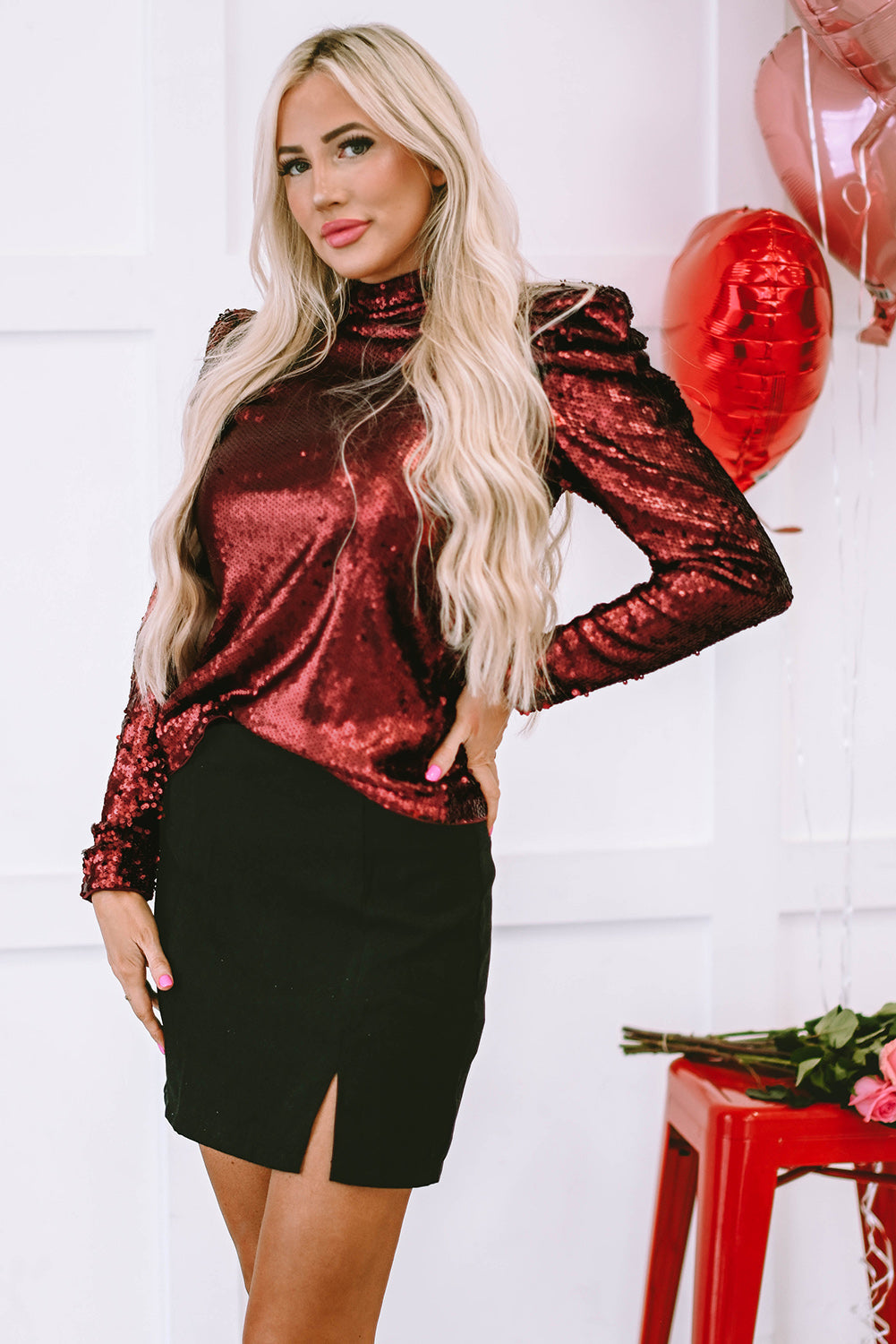 Women's Bubble Sleeve Sequin Mock Neck Top