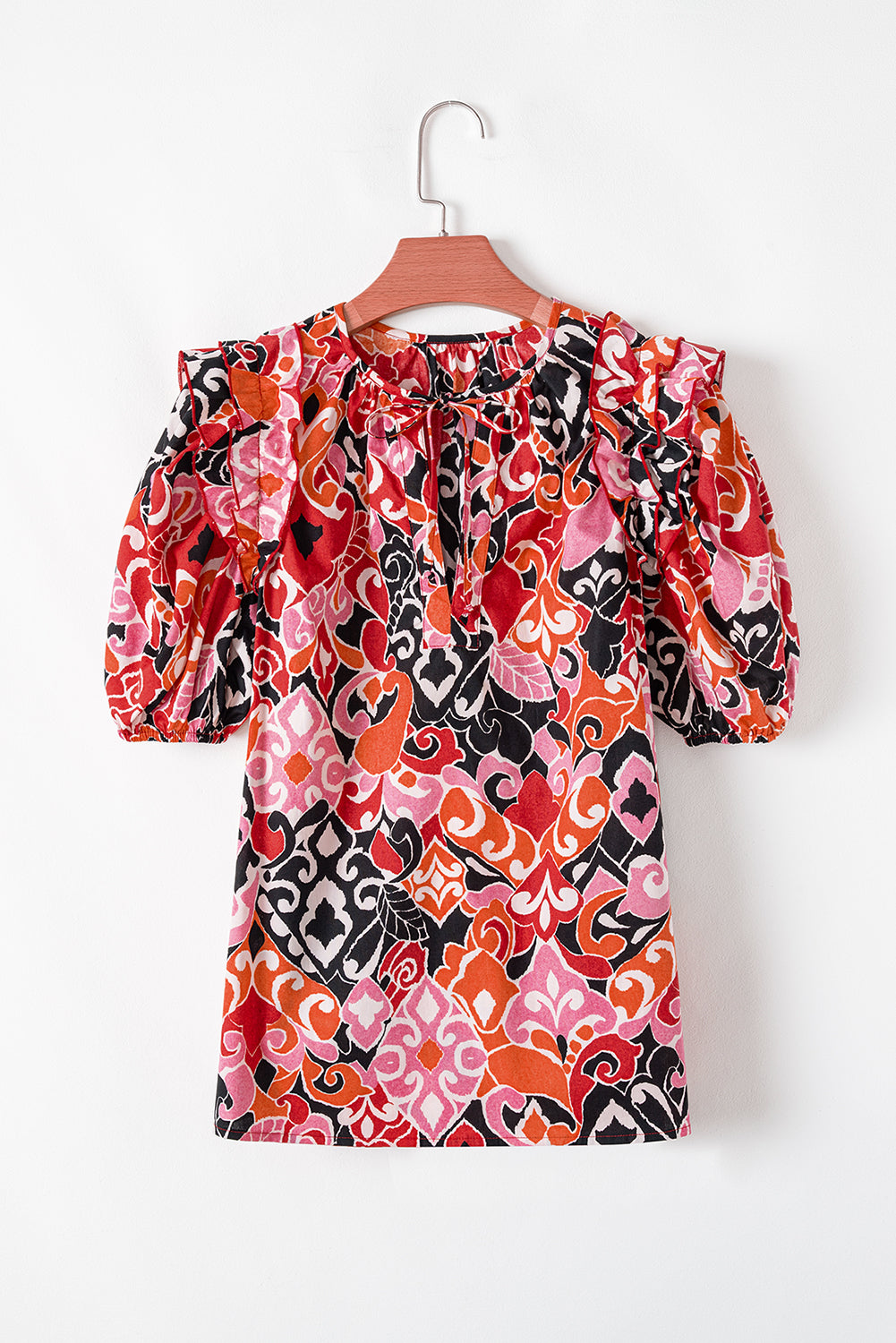 Split Ethnic Print Neck Short Puff Sleeve Blouse