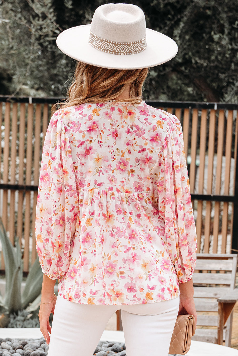 Floral-Print Smocked Tassel Tie V-Neck Puff Sleeve Tunic Blouse