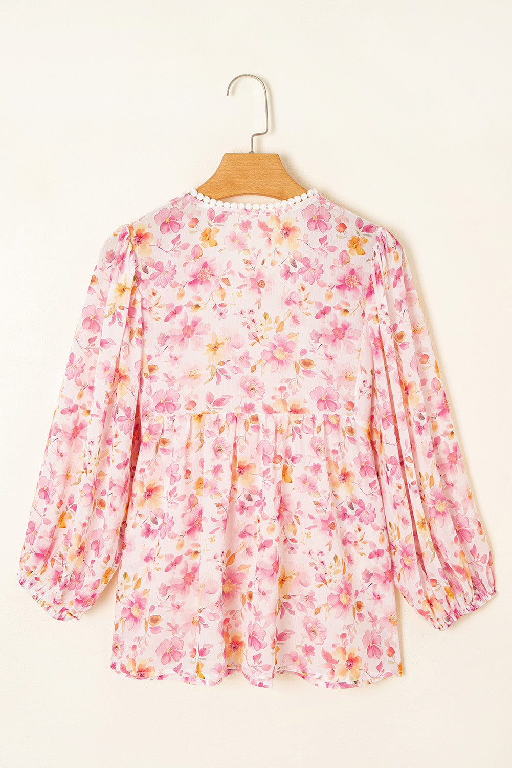Floral-Print Smocked Tassel Tie V-Neck Puff Sleeve Tunic Blouse