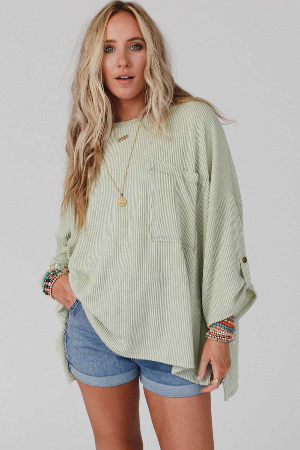 Women's Rib-Knitted Roll-tab Sleeve Oversize Top