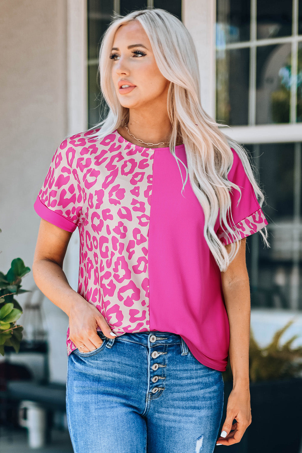 Women's Top with Patchwork Half Leopard-Print