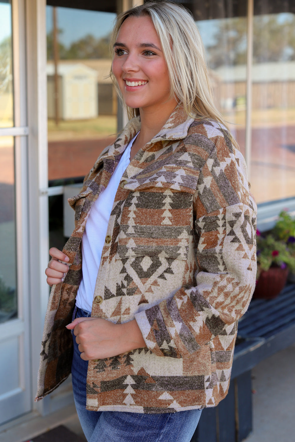 Jacket for Women Pocket Button-Front Aztec Flap