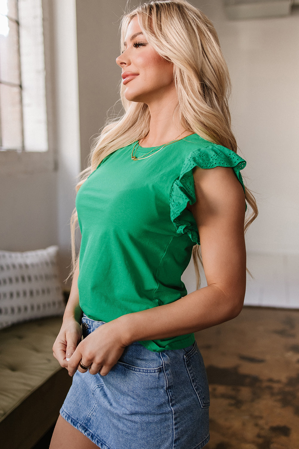 Green Embroidered Ruffled Sleeve Slim Fit Crew Neck Top